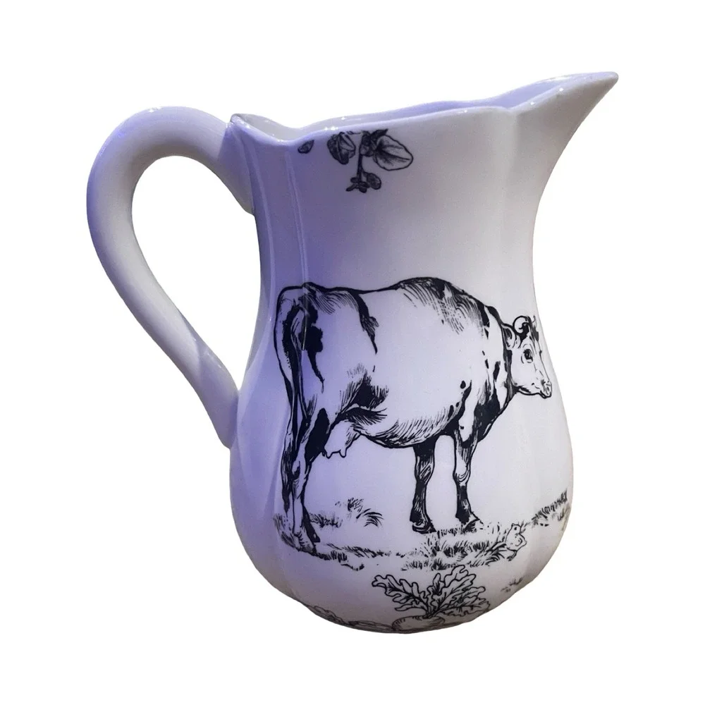J. Willfred Farmhouse Ceramic Pitcher Cow and Rooster White Black Toile 9 Inch